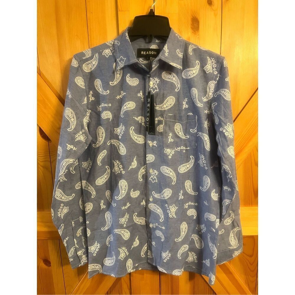 Reason Sz Small Mens Button Down Long Sleeve Royal Blue paisley Nwt (3302)